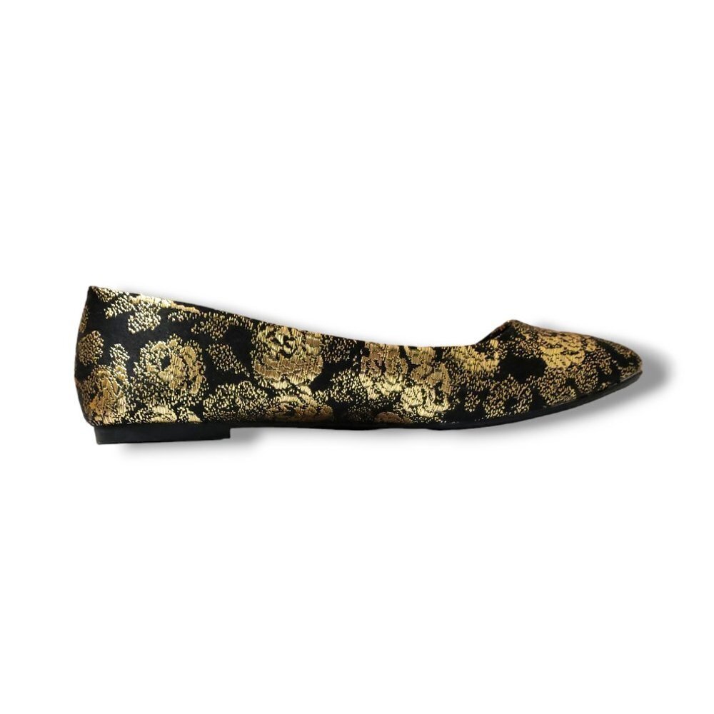 Gold Floral Brocade Pointed Toe Flats Metallic Black & Gold Evening Shoes Size 9